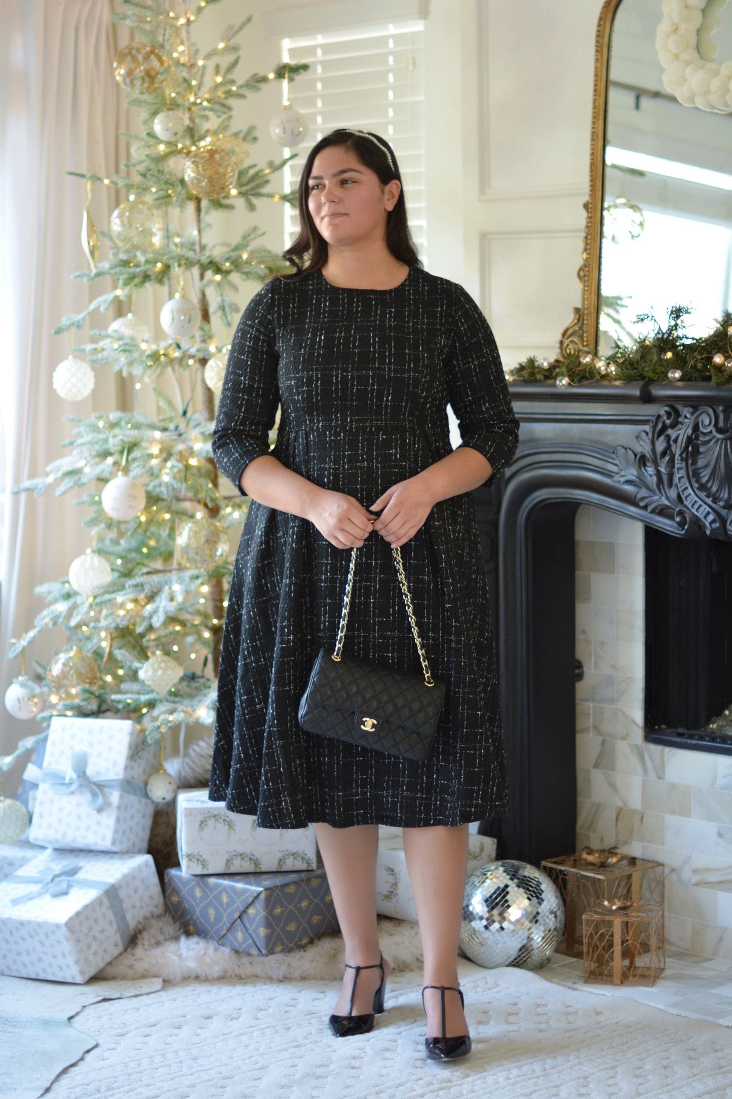 Eleni Black Tweed Midi Dress