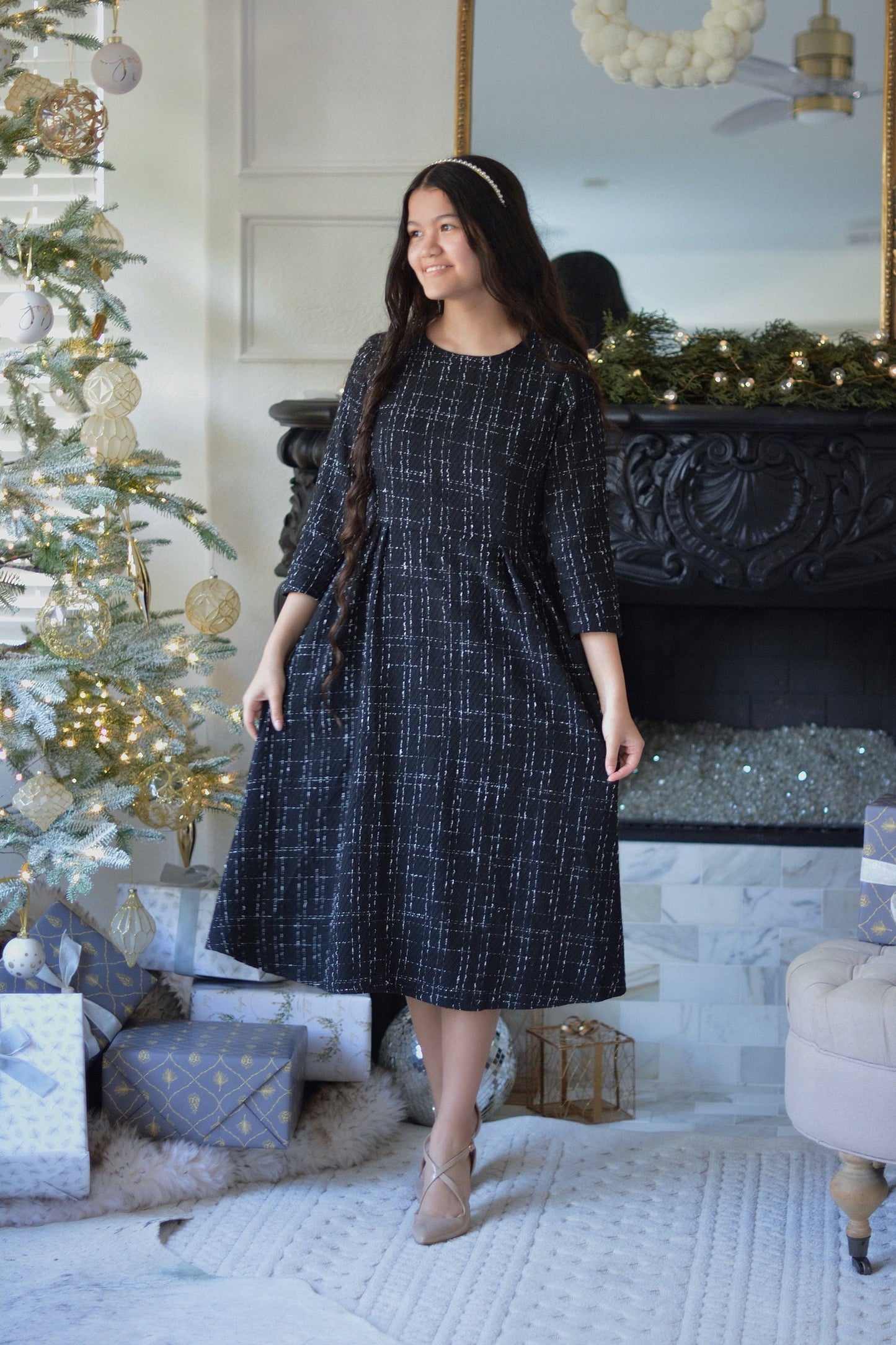 Eleni Black Tweed Midi Dress
