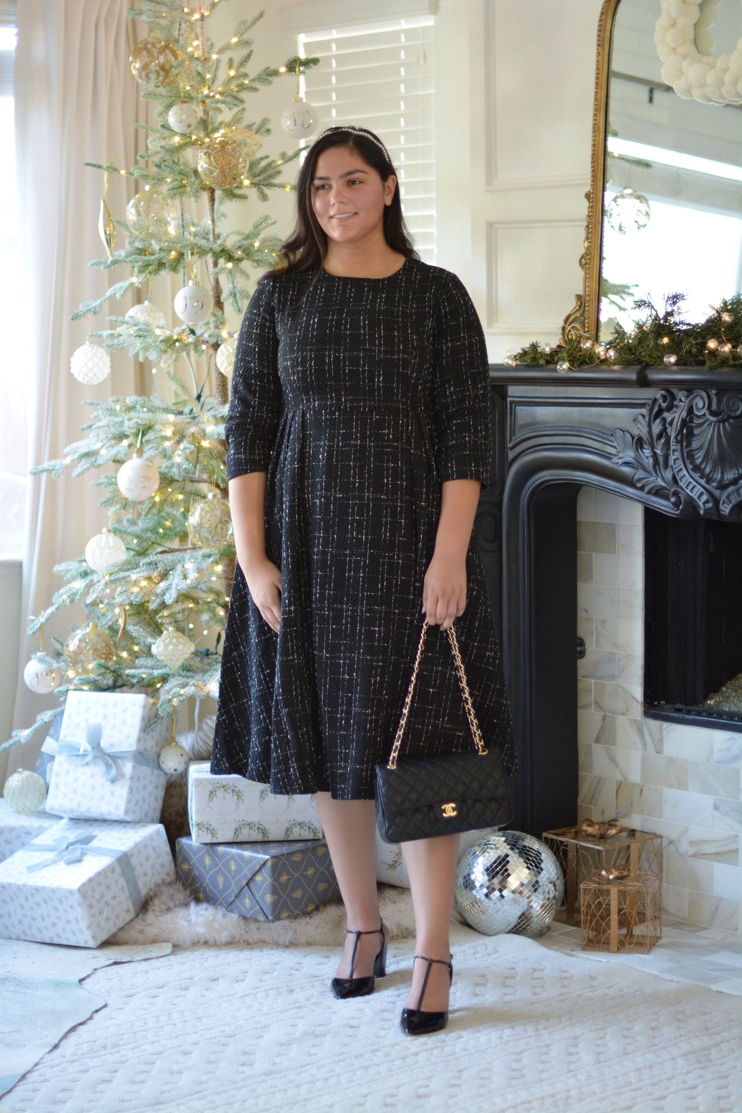 Eleni Black Tweed Midi Dress