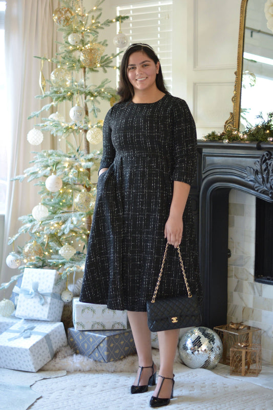 Eleni Black Tweed Midi Dress