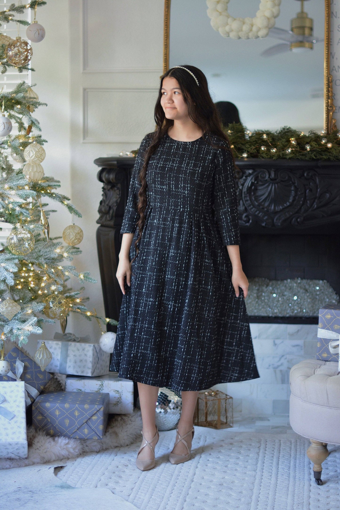 Eleni Black Tweed Midi Dress