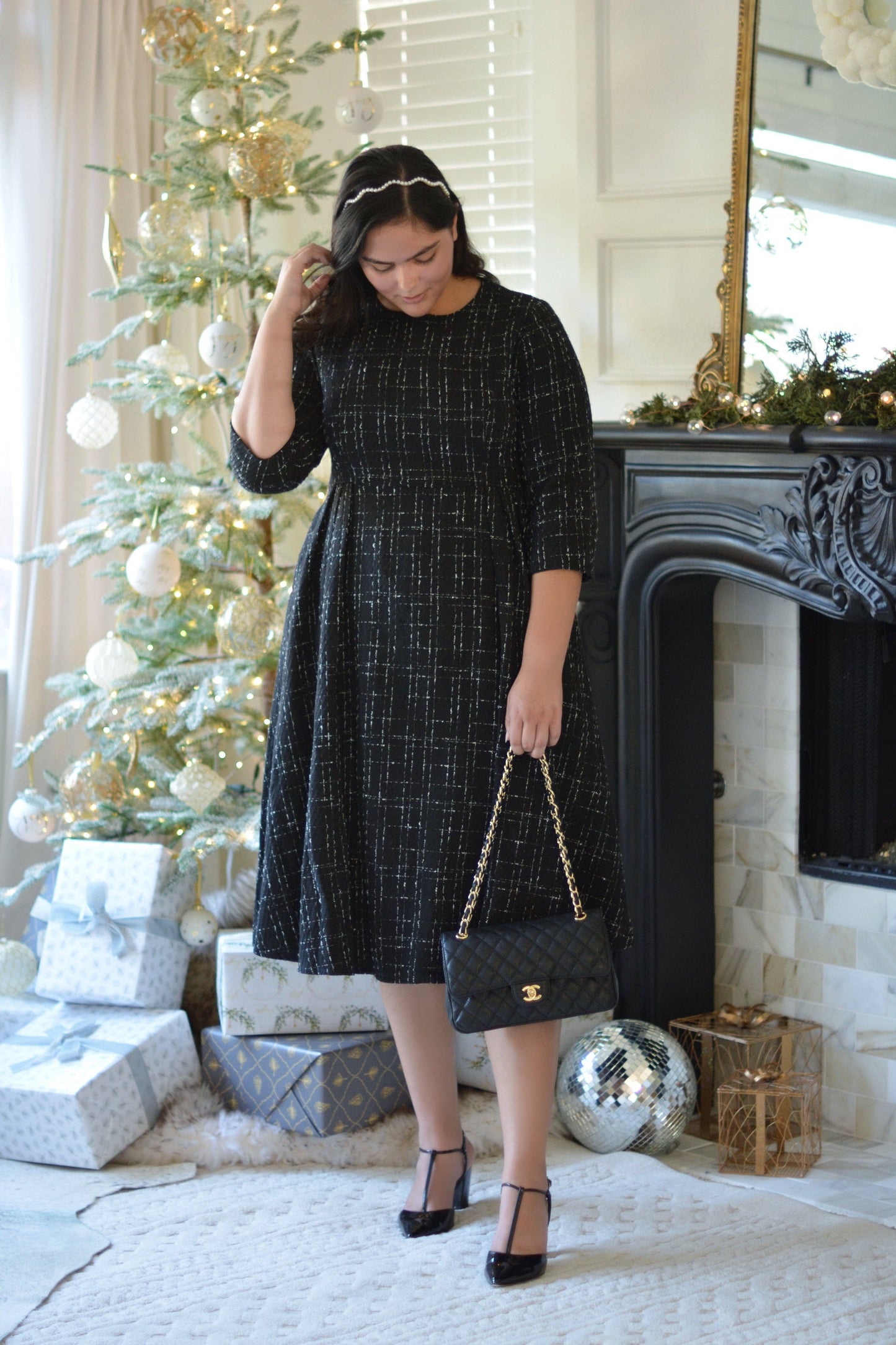 Eleni Black Tweed Midi Dress