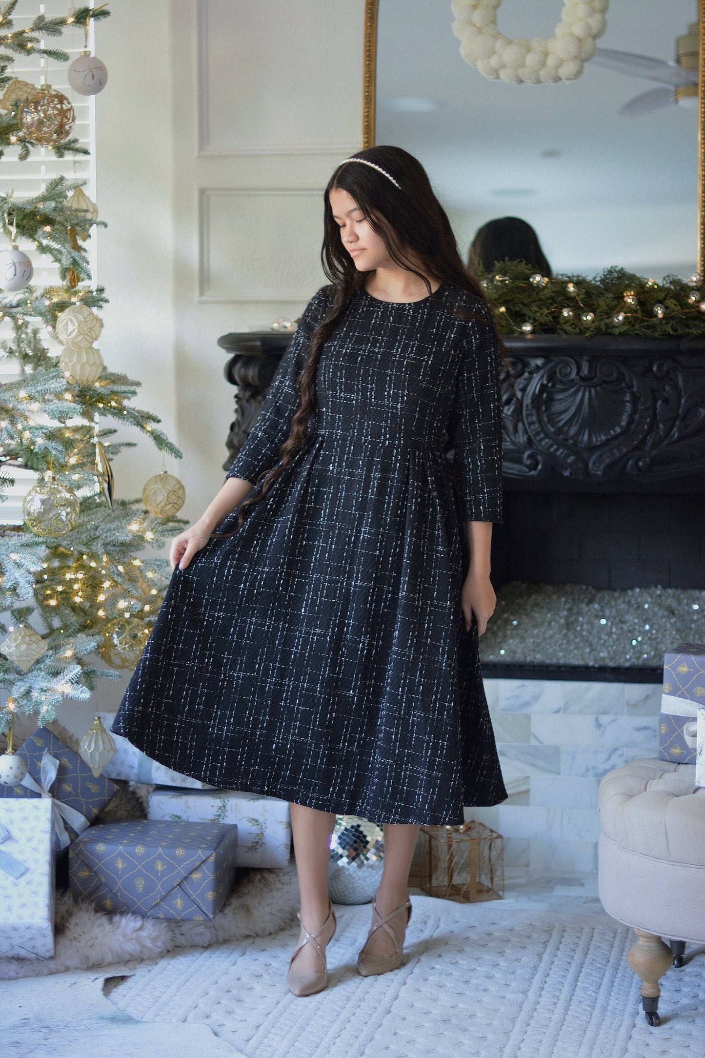 Eleni Black Tweed Midi Dress