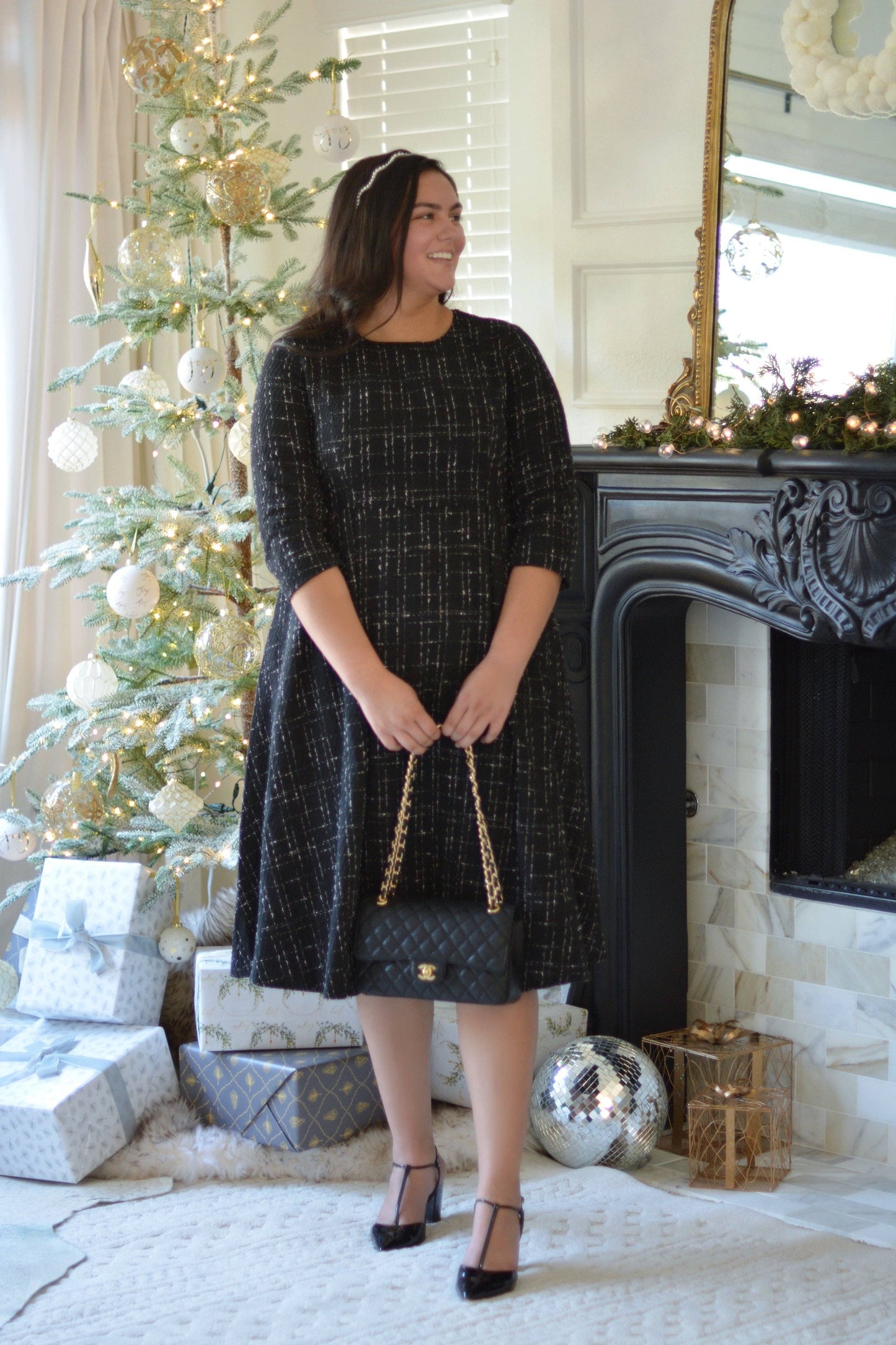 Eleni Black Tweed Midi Dress