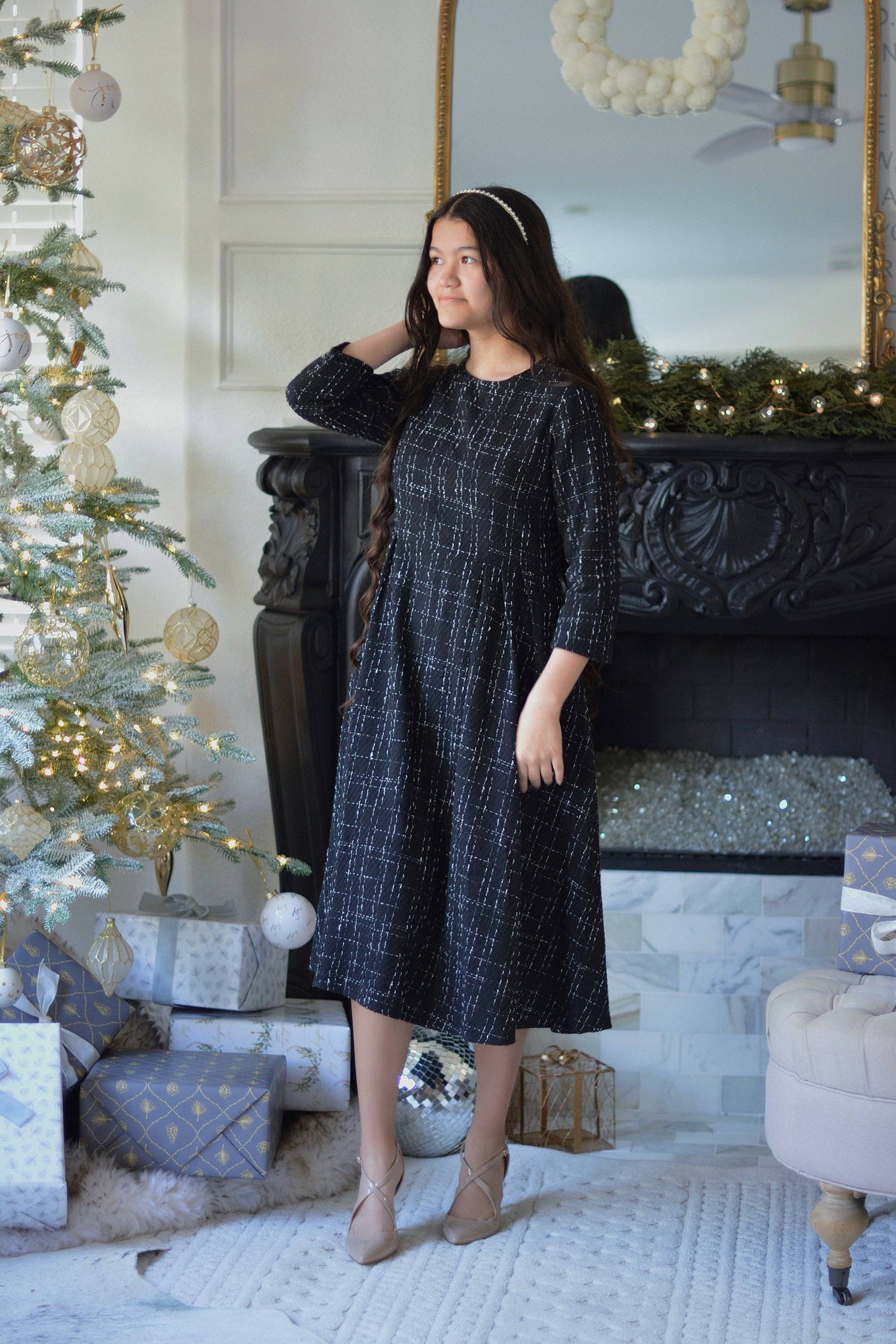Eleni Black Tweed Midi Dress